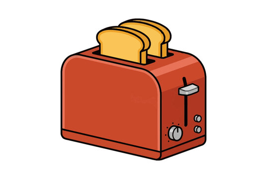 Isometric vector illustration of a vintage brick red electric toaster with two slices of toasted bread popping out, minimalist kitchen appliance for breakfast and cooking concept design.