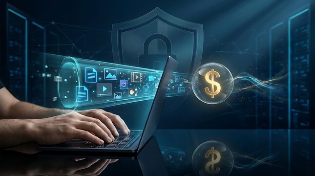 Cybersecurity data protection and financial transaction security represented by a laptop with shield icon and dollar sign symbol