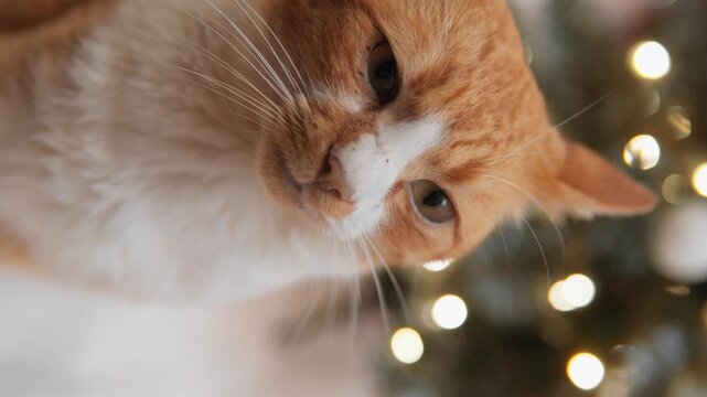 The cat's gaze is filled with mystery and anticipation of miracles on Christmas evening. Vertical video. A cat enjoys festive moments under the light of Christmas candles and decorations. High quality