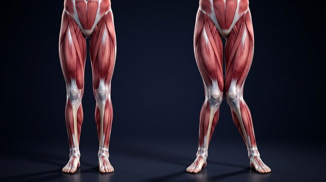 Detailed anatomical illustration of human leg muscles and bones, comparing normal leg alignment with knock-knees condition.