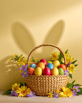 Happe Easter, with shadow rabbit on the yellow wall. 