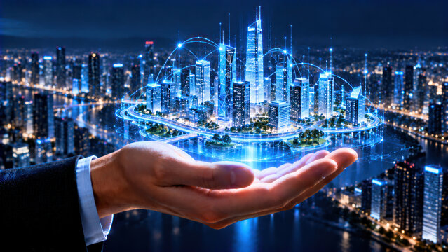 Futuristic smart city hologram held in human hand with glowing connected skyscrapers and digital network lines at night, technology concept