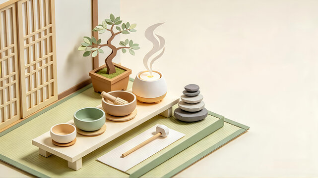 3D papercraft diorama of a zen meditation sanctuary with aromatherapy diffuser, singing bowls, and bonsai tree