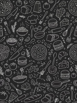 Black chalkboard cooking pattern with kitchen utensils pizza burgers and pasta for cafe menu and wall mural.