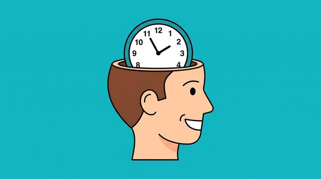 Concept of time management with a clock inside a human head illustration on a teal background