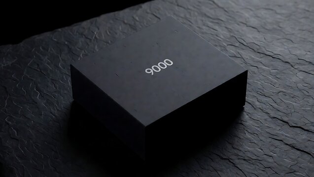 A sleek black box marked 9000 rests on a dark textured slate surface.