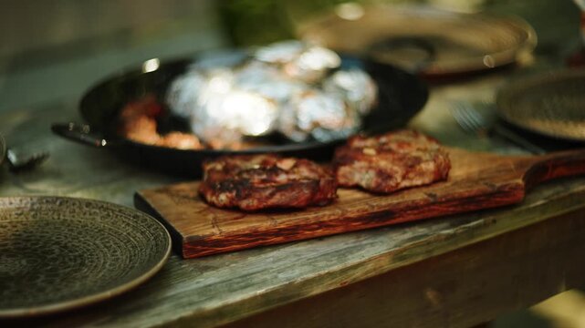 Potatoes wrapped in foil and meat cooking in a pan outdoors during daytime