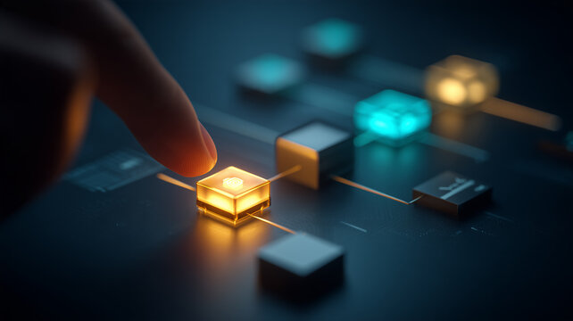 A fingertip touching a glowing cube within a connected digital network illustrating blockchain technology and decentralized information systems.