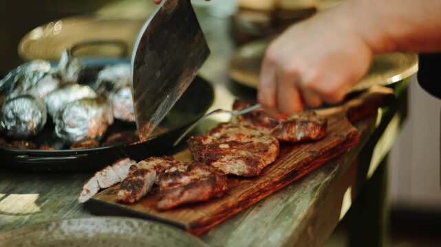 Grilling meat and potatoes on wooden table outdoors during daytime