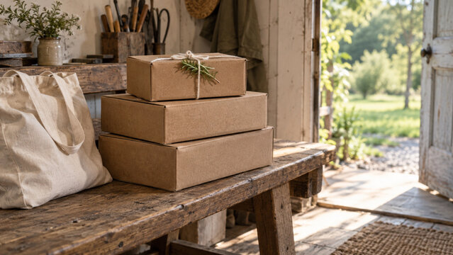 Stack of kraft boxes and tote bag ready to ship