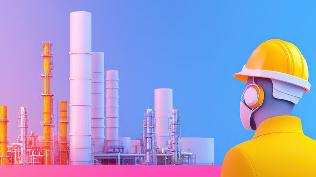 Worker in safety helmet observes industrial facility with colorful structures, showcasing modern manufacturing environment