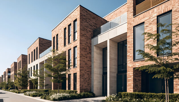 Modern brick townhouses with concrete accents and green trees in urban street