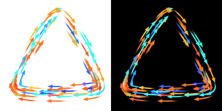Abstract gradient lines with arrowheads in blue, orange and similar hues flowing around a triangle on transparent bg, creating an elegant, futuristic design with glowing curves and a sense of motion