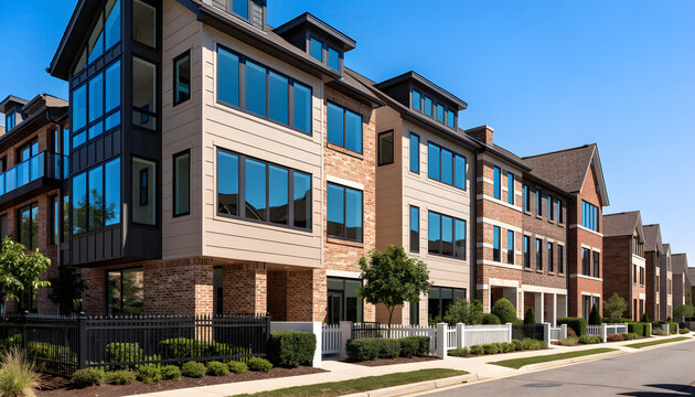 Modern brick townhouse row with large windows and white fences on suburban street