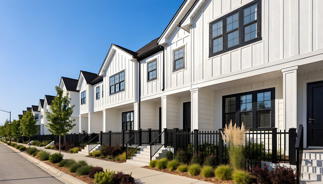 Modern white townhouses with black fences and greenery on suburban street