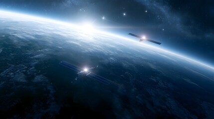Obraz premium Two satellites orbit Earth against a starry sky showcasing advanced space technology and the curvature of the planet below