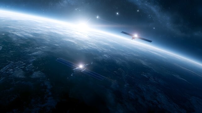 Two satellites orbit Earth against a starry sky  showcasing advanced space technology and the curvature of the planet below