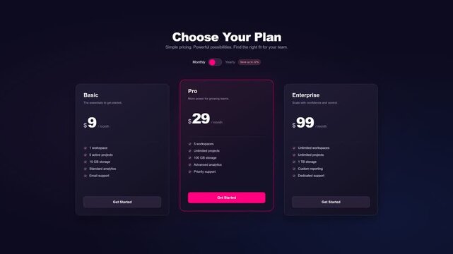 Pricing table user interface animation with billing toggle switch. 4K Video