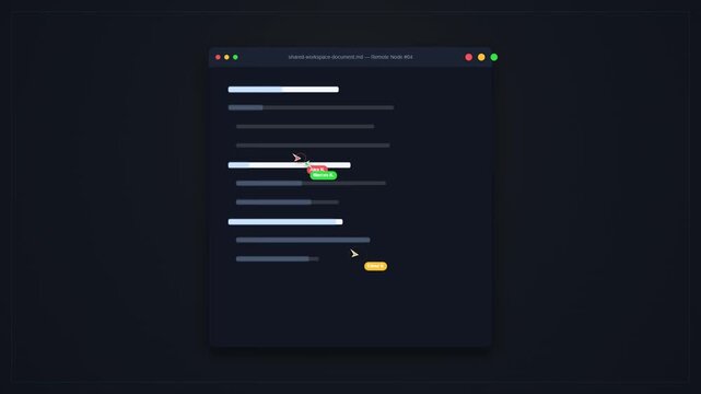 Collaborative text document editor software interface displaying real time co authoring by remote team members in a workspace window
