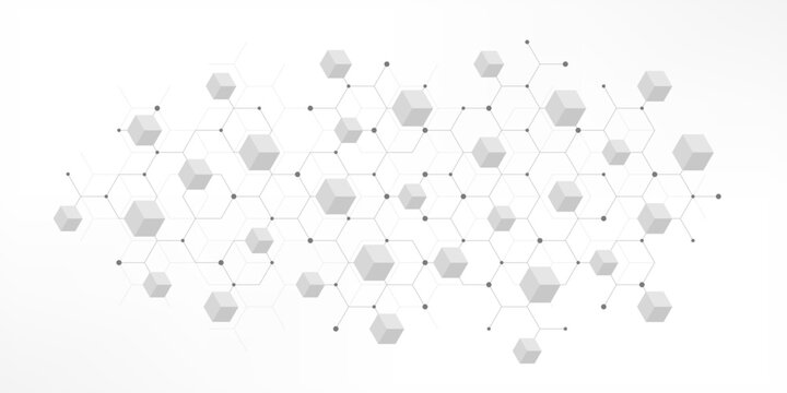 Minimal gray hexagon network background with isometric cubes