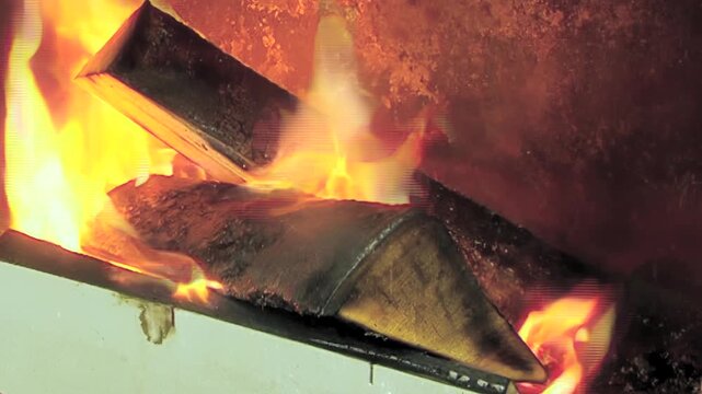 Wood Fire Burning With Bright Flames in a Metal Firebox. Bright orange flames move around stacked wood inside a metal firebox, showing combustion, heat and glowing surfaces in a close industrial view.