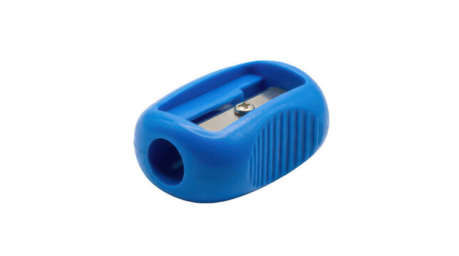 Blue pencil sharpener with a metal blade for sharpening pencils, school, or office supplies.