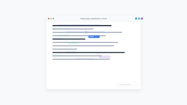 A clean software application interface simulating a collaborative text document editor window named Project Alpha