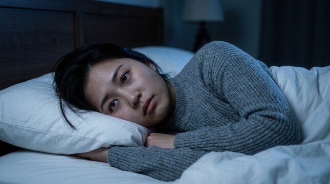 Woman experiencing insomnia and anxiety disorder, unable to sleep and awakening on her bed at night.