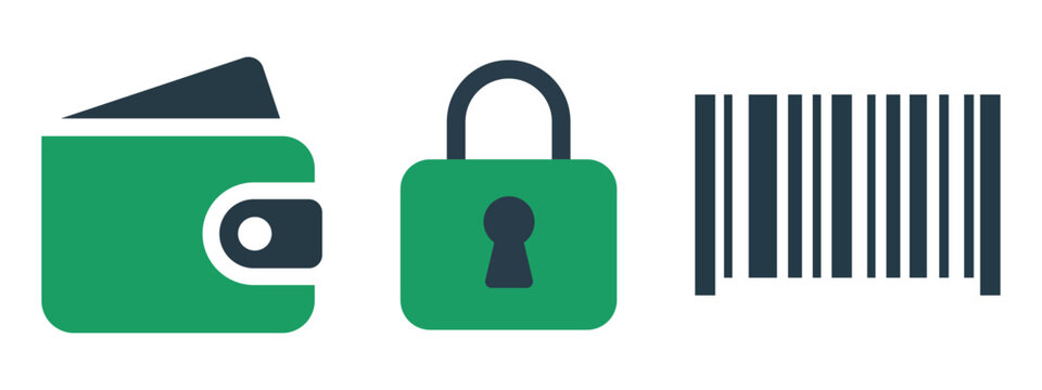 Wallet, padlock, barcode icons set for secure payment and retail concept