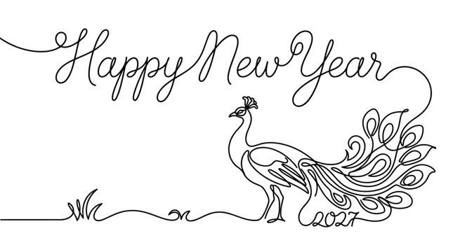Continuous line drawing of peacock with happy new year text and 2027 numbers