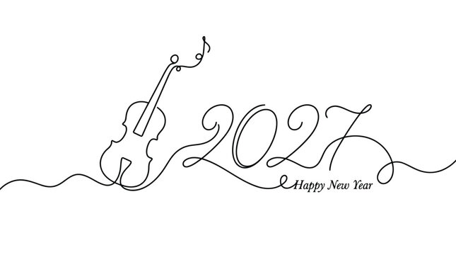 Continuous line drawing of violin and 2027 happy new year