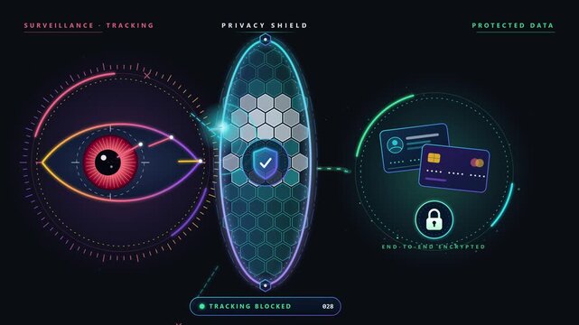 Cyber Security Privacy Shield Surveillance Tracking Blocked Protected Data Animation