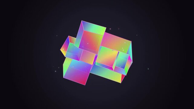 An abstract 3D composition featuring colorful glowing transparent cubes floating against a dark background