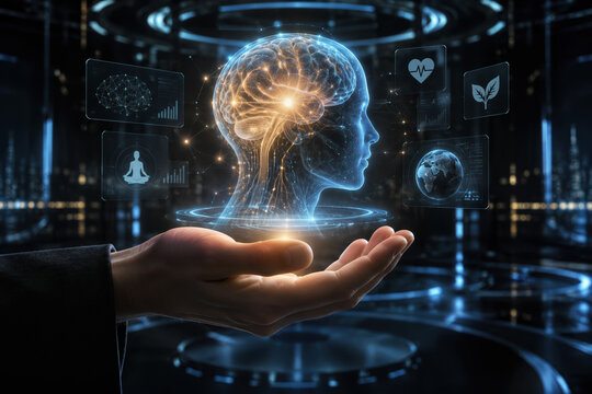 Hand presenting holographic human brain and AI head in futuristic tech environment illustrating conscious artificial intelligence concept digital mind innovation and virtual neural network