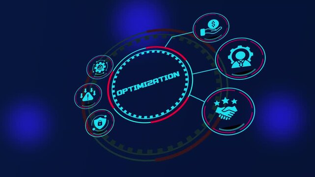 OPTIMIZATION business infographic illustrating improved workflows, resource efficiency, operational performance, financial strategy, process automation and secure collaboration.