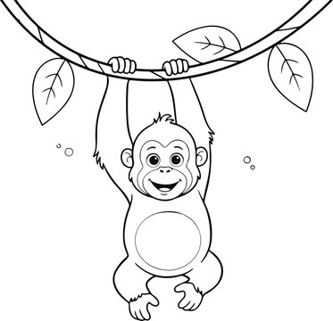 Little monkey hanging on a vine line art, coloring page for children, cute jungle animal vector illustration, black and white primate drawing