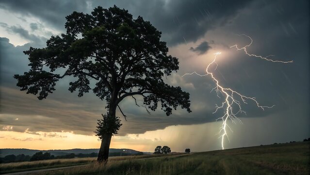 Dramatic lightning strike illuminates a solitary tree during a stormy weather event