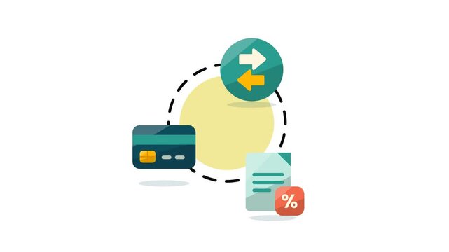 Animated tax and money transfer icons with bank card, tax document and exchange arrows rotating around circle, flat finance motion graphic 4K