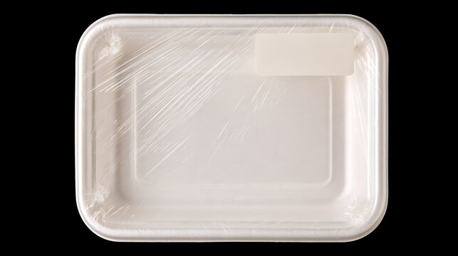 Top view of empty white foam food tray wrapped in clear plastic film with blank label isolated on black background for grocery design