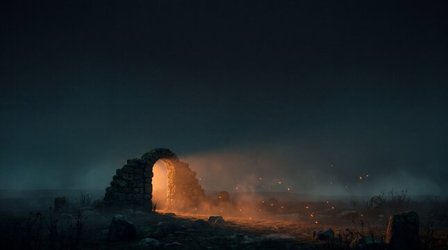Ancient stone archway glowing on a foggy moor on a low horizon with a huge empty night sky above