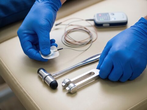 industrial firewall control cabinet closeup Doctor wearing gloves handling medical diagnostic tools including reflex hammer and tun...