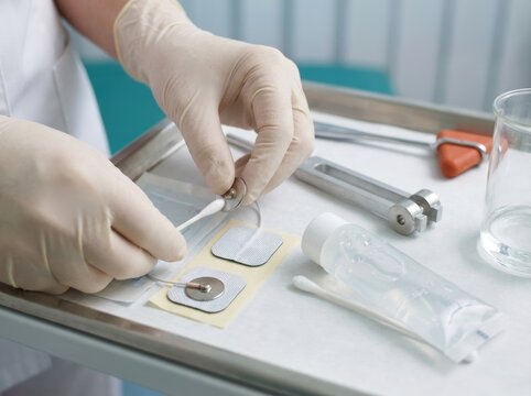 industrial firewall control cabinet closeup Medical professional preparing electrodes on a tray for a diagnostic procedure.