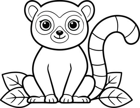Cute lemur coloring page for kids, cartoon ring-tailed lemur vector illustration, black and white animal line art with tropical leaves