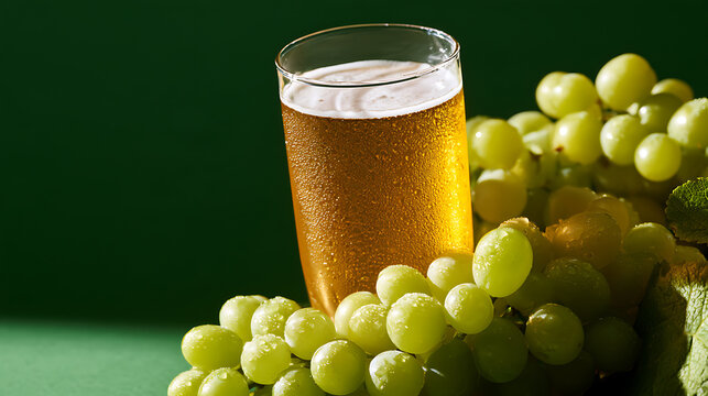 A refreshing cold glass of golden wine juice surrounded by fresh green grapes and Vitis vinifera fruit on dark green background studio