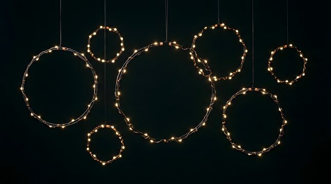 Three beautifully illuminated decorative frames are suspended from the ceiling against a dark backdrop establishing a cozy and inviting warm ambiance