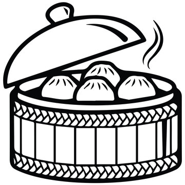 Traditional bamboo steamer basket filled with hot dumplings icon for dim sum menu design.
