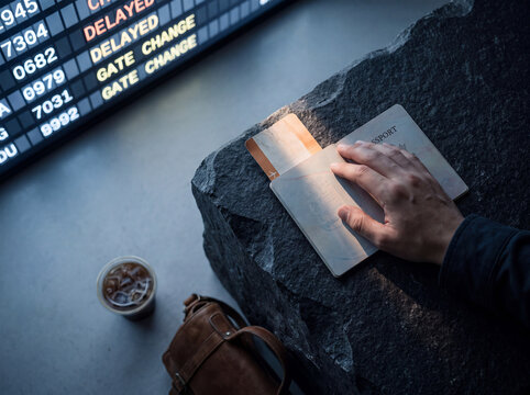 Traveler checks passport beside airport flight board