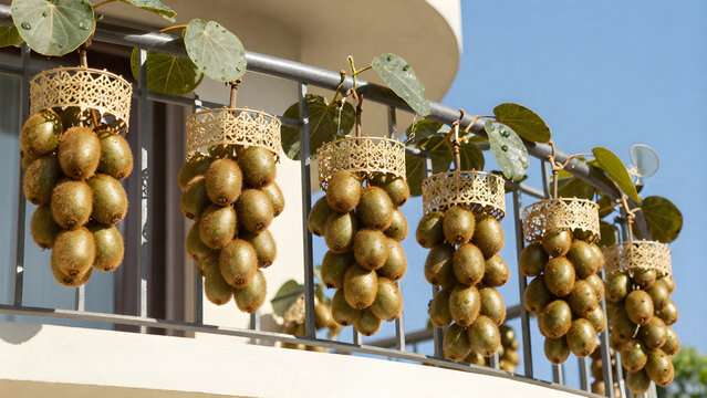 Kiwi Fruits Hanging In Balcony Railing With Green Leaves And Clear Blue Sky