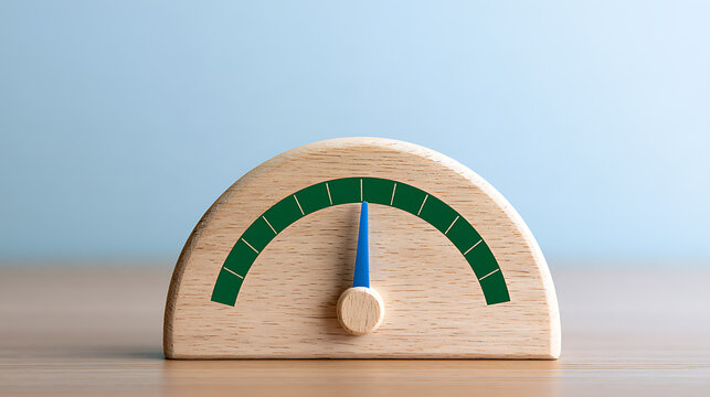 Wooden scale gauge with a blue pointer on a wooden table and light blue background, concept of level, balance, performance, and risk
