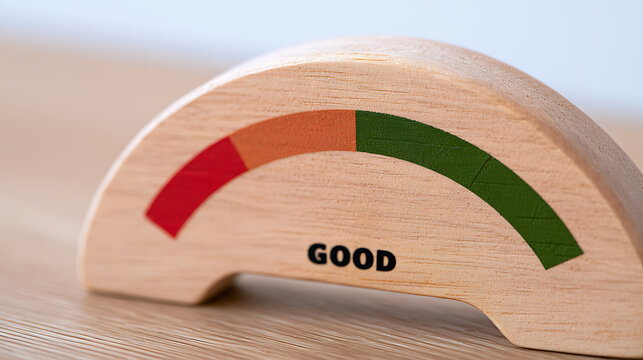 Wooden gauge meter toy on table indicating good level with red, orange, and green color zones for risk assessment and quality check